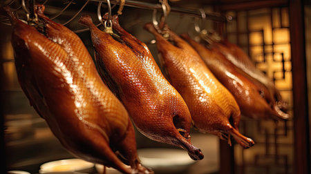Discover the art of cooking with this captivating image of roasted ducks hanging in an Asian restaurant, showcasing rich colors, warm lighting, and a culinary tradition that tantalizes the senses.の素材