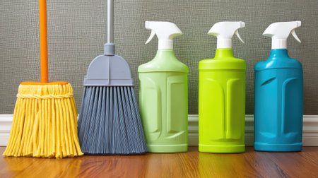 A vibrant display of essential cleaning supplies including brooms and spray bottles arranged neatly on wooden flooring, showcasing effective household care tools.の素材