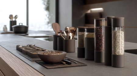 A beautifully arranged modern kitchen featuring stylish spice jars, wooden utensils, and a minimalist design aesthetic, showcasing elegance and functionality.の素材