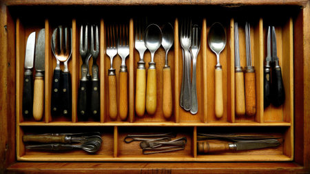 This image showcases a vintage wooden drawer filled with assorted cutlery and cooking tools, highlighting the charm and warmth of traditional kitchen decor.の素材