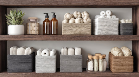 A beautifully organized shelf featuring a range of decorative baskets filled with bathroom essentials and natural elements, creating a serene atmosphere.の素材