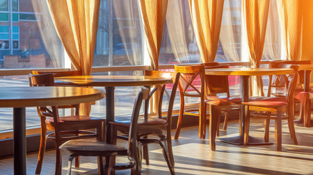 A cozy cafe interior bathed in warm sunlight, featuring wooden tables and chairs. Sheer curtains create a peaceful atmosphere, perfect for relaxation and socializing.の素材