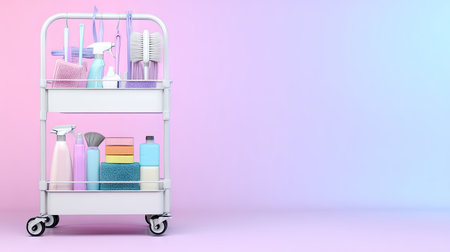 A well-organized cleaning supplies cart featuring various tools and products, set against a soft pink and blue gradient, ideal for home or professional cleaning tasks.の素材
