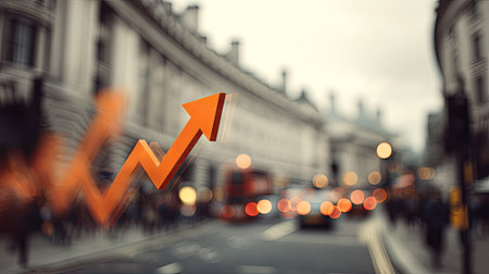 This image captures an abstract growth symbol against a blurred urban scene, representing progress in finance and business amidst city activity.の素材