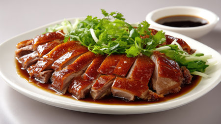 A beautifully arranged dish of succulent sliced roast duck garnished with fresh herbs including coriander and spring onions, served with dark soy sauce.の素材