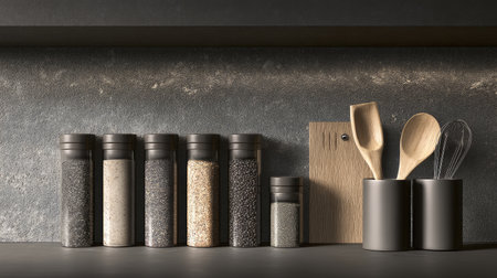 Discover a stylish kitchen display featuring neatly arranged spice jars alongside wooden utensils, creating a modern yet inviting cooking atmosphere perfect for any culinary enthusiast.の素材