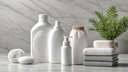 A serene arrangement of white cleaning and personal care products on a marble surface, accompanied by plush towels and a hint of greenery, evoking tranquility.の素材