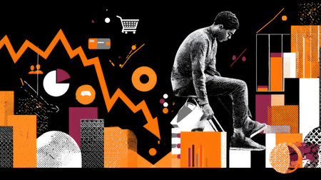 A striking digital artwork illustrating a man reflecting on economic decline using graphs and charts. Perfect for financial concepts and modern analysis.の素材