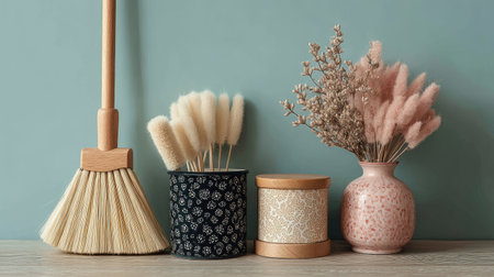 This image features a stylish broom alongside decorative vases containing dried flowers, perfect for illustrating modern home decor and minimalist aesthetics.の素材