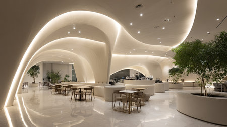 This image showcases a modern cafe interior featuring flowing architectural lines, warm ambient lighting, and elements of nature, creating a unique atmosphere.の素材