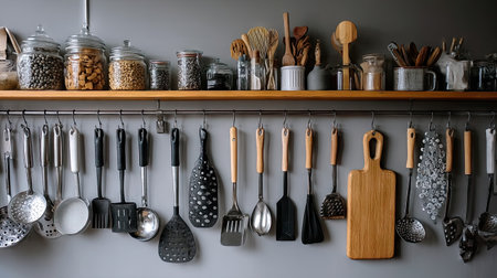 A neatly organized collection of kitchen utensils and tools displayed on a wooden shelf, alongside jars filled with various ingredients, showcasing modern design and functionality.の素材