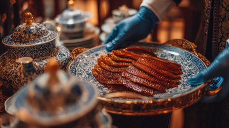 This image captures an exquisite presentation of gourmet food on an ornate tray, complemented by fine china, evoking a luxurious dining experience.の素材