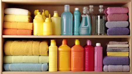 A vibrant and colorful display of cleaning products and soft towels organized neatly on wooden shelves, showcasing a tidy and fresh home environment.の素材
