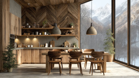 A beautifully designed modern rustic kitchen featuring wooden elements, a spacious dining area, and a stunning mountain view, creating a cozy ambiance.の素材