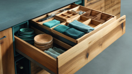 A well-organized kitchen drawer showcasing utensils, towels, plates, and wooden dividers, emphasizing efficiency and modern design for cooking enthusiasts.の素材