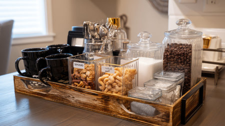 A beautifully arranged coffee station featuring glass containers filled with snacks, coffee beans, and elegant mugs on a rustic wooden tray, enhancing kitchen aesthetics.の素材