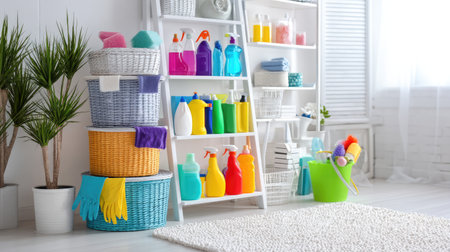 A vibrant and organized laundry room featuring a variety of colorful cleaning supplies and well-arranged storage baskets, creating a fresh and tidy atmosphere.の素材