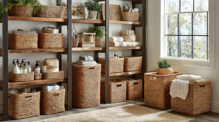 A beautifully arranged storage area featuring natural wicker baskets, neatly folded towels, and a bright window inviting natural light into the space.の素材