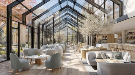Captivating modern restaurant interior showcasing bright glass walls, natural decor, and stylish seating, perfect for a luxurious dining experience.の素材