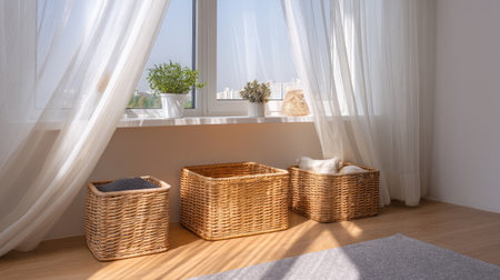 Bright and airy indoor scene featuring woven baskets, lush plants, and soft curtains, ideal for design inspiration and creating a welcoming atmosphere.の素材