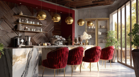 This image captures a beautifully designed modern cafe interior with elegant red chairs, stylish decor, and ample natural light, creating an inviting atmosphere.の素材