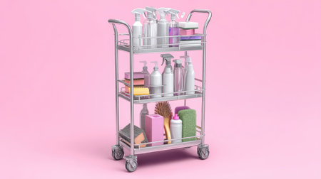A modern cleaning cart featuring various bottles and supplies ideal for housekeeping or janitorial work, set against a vibrant pink background.の素材