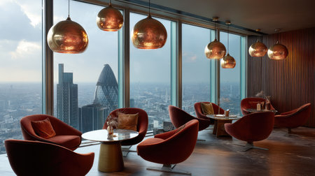 A stylish modern lounge featuring elegant furniture and large windows offering a breathtaking view of the city's skyline, creating a cozy atmosphere.の素材