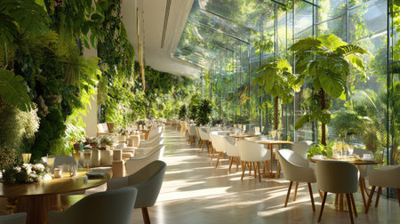 This image features a stunning restaurant interior filled with lush greenery and abundant natural light, creating a serene dining atmosphere.の素材