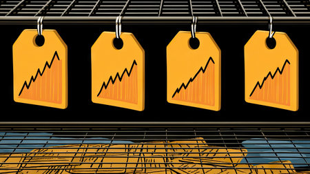 Vibrant price tags hang from a metal shelf, illustrating growth trends with upward arrows, perfect for concepts in business analysis and marketing strategies.の素材