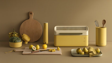 This image showcases a modern kitchen setup featuring stylish yellow cooking tools and fresh fruits arranged harmoniously on a beige countertop, emphasizing minimalism and design aesthetic.の素材