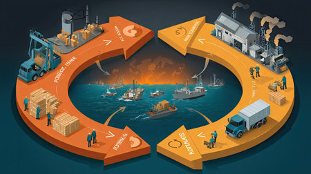 This illustration showcases a circular economy process related to maritime industry activities, emphasizing production, consumption, and efficient resource management.の素材