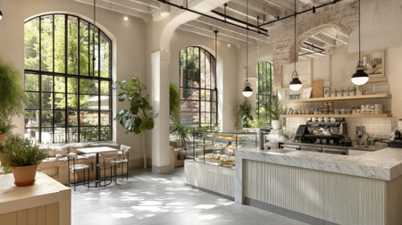 Discover a bright and inviting coffee shop interior featuring elegant design, large windows, and comfortable seating, perfect for relaxation and socializing.の素材