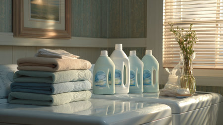 A bright and inviting laundry room featuring neatly stacked towels and bottles of detergent, creating a cozy and organized atmosphere filled with natural light.の素材