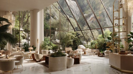 A stunning modern indoor space featuring elegant furniture, abundant greenery, and expansive windows that invite natural light, creating a serene atmosphere.の素材