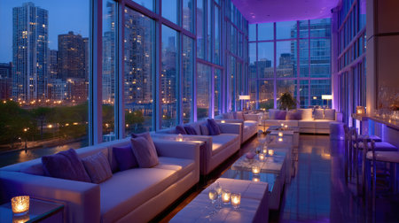 A stylish lounge interior featuring modern furniture and soft ambient lighting, offering stunning views of a vibrant city skyline during dusk.の素材