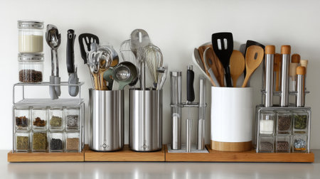 A visually appealing arrangement of kitchen utensils and tools on a sleek wooden shelf, showcasing glass containers filled with various spices and herbs.の素材
