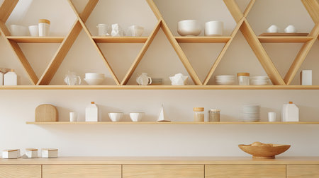 This image showcases a modern kitchen shelving unit featuring a geometric wooden design. The shelves hold an array of neutral-toned dishware, highlighting a minimalist and serene interior aesthetic.の素材