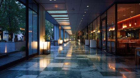 A stylish hotel corridor featuring sleek marble flooring and contemporary lighting, creating a serene and inviting atmosphere in the evening.の素材