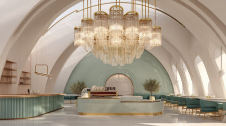 A beautifully designed modern cafe interior showcasing a striking chandelier, curved architecture, and soft pastel colors that create a serene atmosphere.の素材