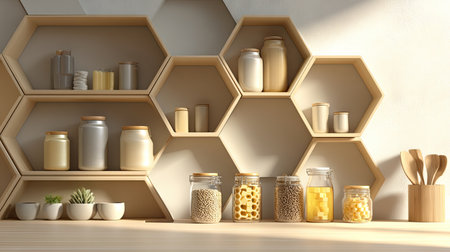 A modern kitchen setup featuring hexagonal wooden shelves, organized jars, spices, and decor items that enhance a minimalistic and bright atmosphere.の素材