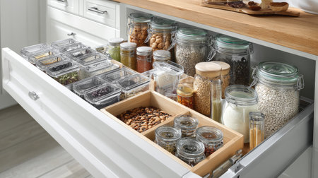 A meticulously organized kitchen drawer showcases an array of clear containers filled with grains, nuts, and spices, emphasizing a tidy and efficient home.の素材