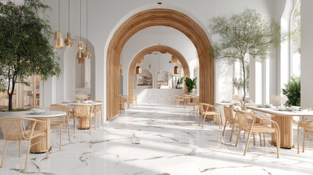 A beautifully designed modern cafe featuring wooden arches and marble flooring. The bright atmosphere invites guests to relax and enjoy their meals.の素材