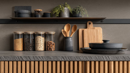 A sleek modern kitchen countertop featuring wooden accents, stylish storage containers for spices, and elegant utensils, perfect for organization and decor.の素材