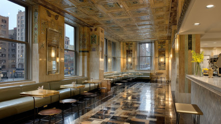 A beautifully designed vintage restaurant interior featuring elegant furnishings, intricate ceiling details, and warm lighting. Ideal for showcasing hospitality themes.の素材