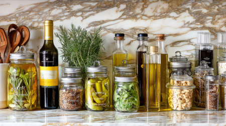 This stunning image features an assortment of glass jars filled with fresh herbs, spices, and various oils, artistically arranged on a beautiful marbled countertop.の素材