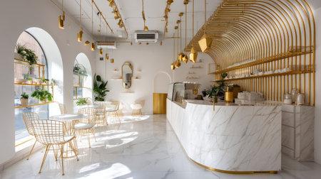 This stunning cafe interior features elegant gold accents and marble surfaces, creating a modern atmosphere enhanced by vibrant greenery and stylish decor.の素材