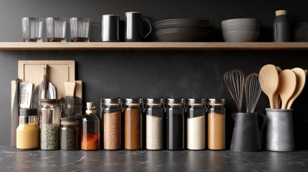 A modern kitchen shelf featuring an assortment of glass jars filled with various spices and oils, complemented by essential utensils and sleek tableware.の素材