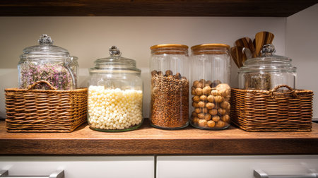 Discover a beautifully arranged kitchen shelf featuring glass jars filled with various natural ingredients, providing an inviting and organized cooking space.の素材
