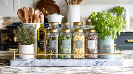 A beautifully arranged kitchen display featuring various herbs, spices, and oils on a marble countertop, showcasing culinary elegance and organization.の素材
