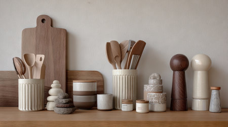 A beautifully arranged display of kitchen utensils featuring wooden and ceramic pieces, perfect for inspiring modern home decor with a minimalistic touch.の素材